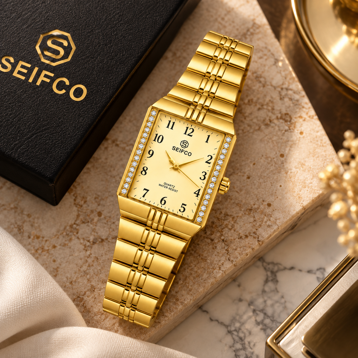 SEIFCO Classic Unisex Stainless Steel Watch with Gold Dial and Gold Bracelet - Image 3