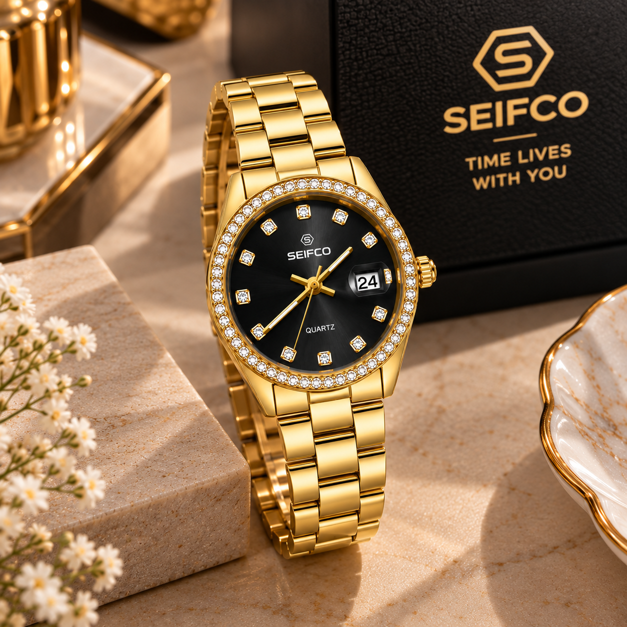 SEIFCO Classic Unisex Stainless Steel Watch with Black Dial and Gold Bracelet - الصورة 3