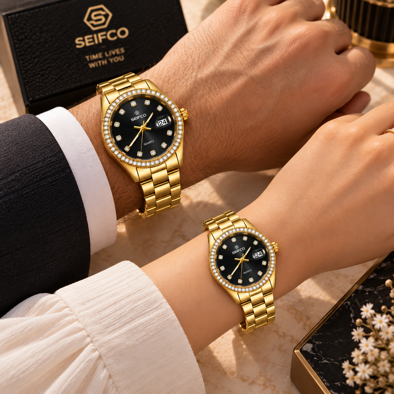 SEIFCO Classic Unisex Stainless Steel Watch with Black Dial and Gold Bracelet - الصورة 2