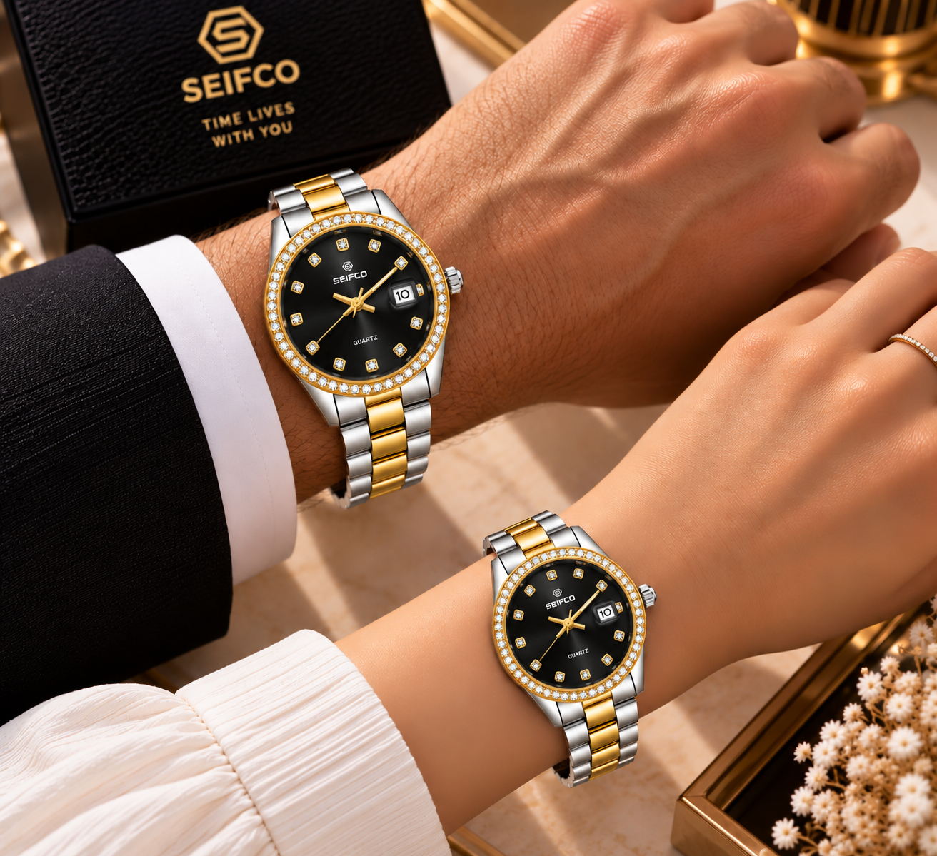 SEIFCO Classic Unisex Stainless Steel Watch with Black Dial and Silver Gold Bracelet - Image 3