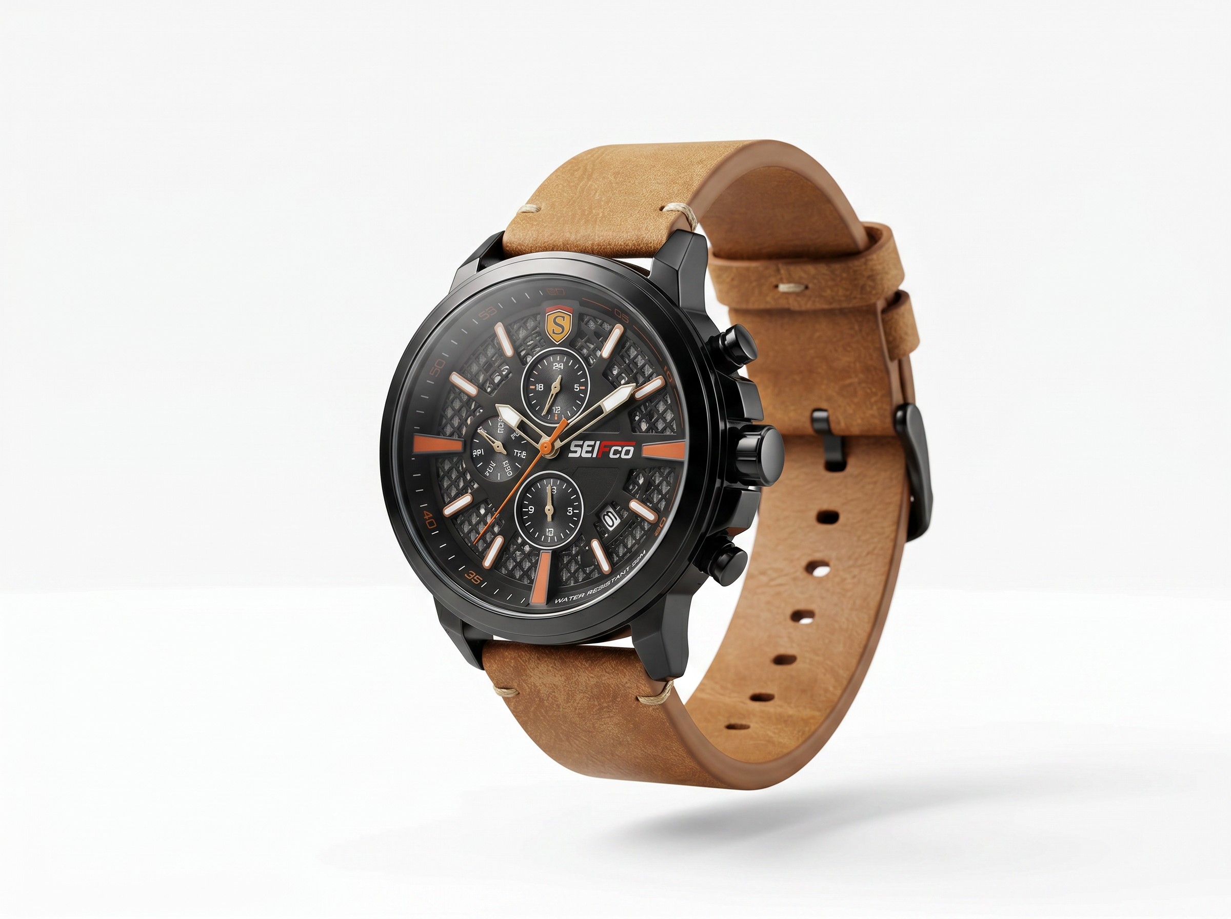 SEIFCO Sport Men’s Quartz Watch with Textured Black Dial and Brown Leather Strap - الصورة 2