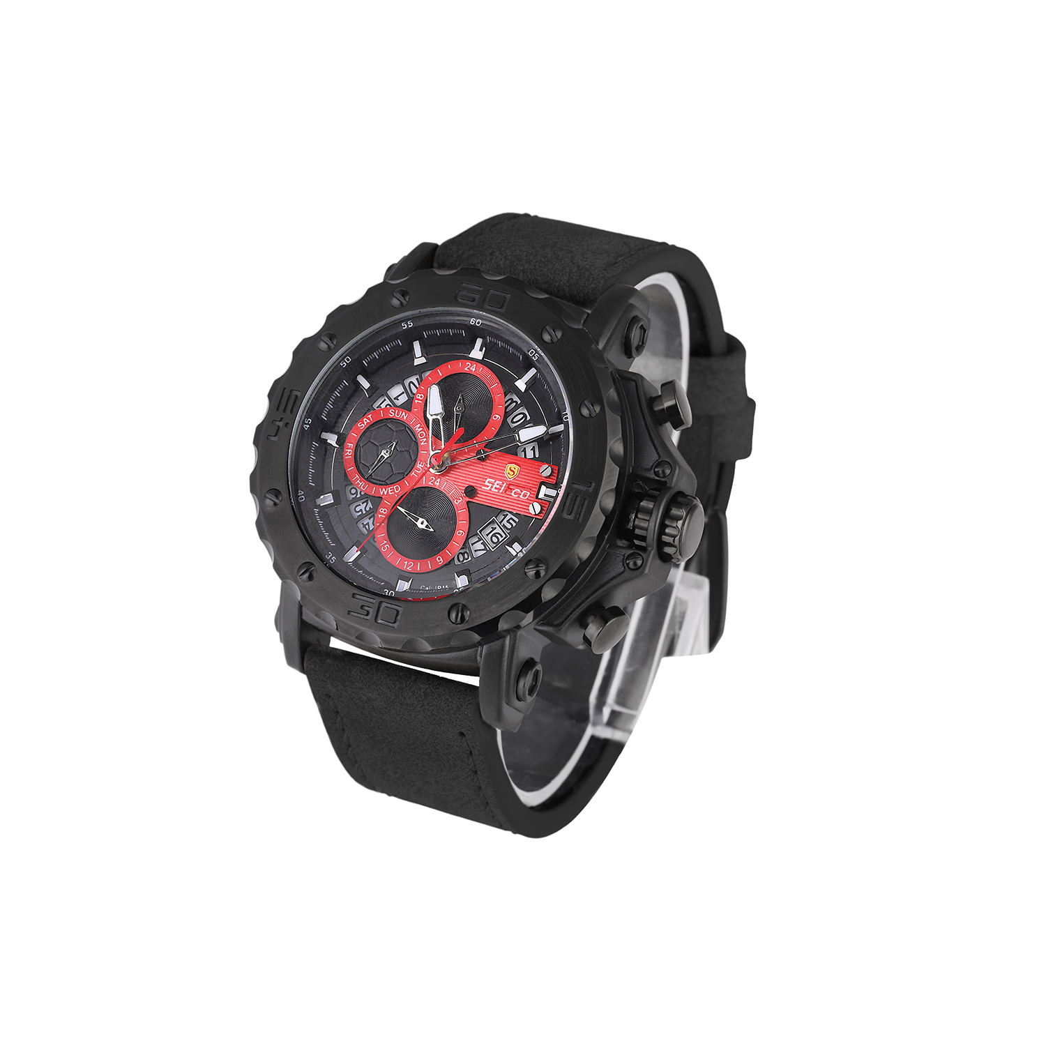 SEIFCO Sport Men’s Quartz Watch with Black Dial, Red Details and Black Leather Strap - الصورة 2