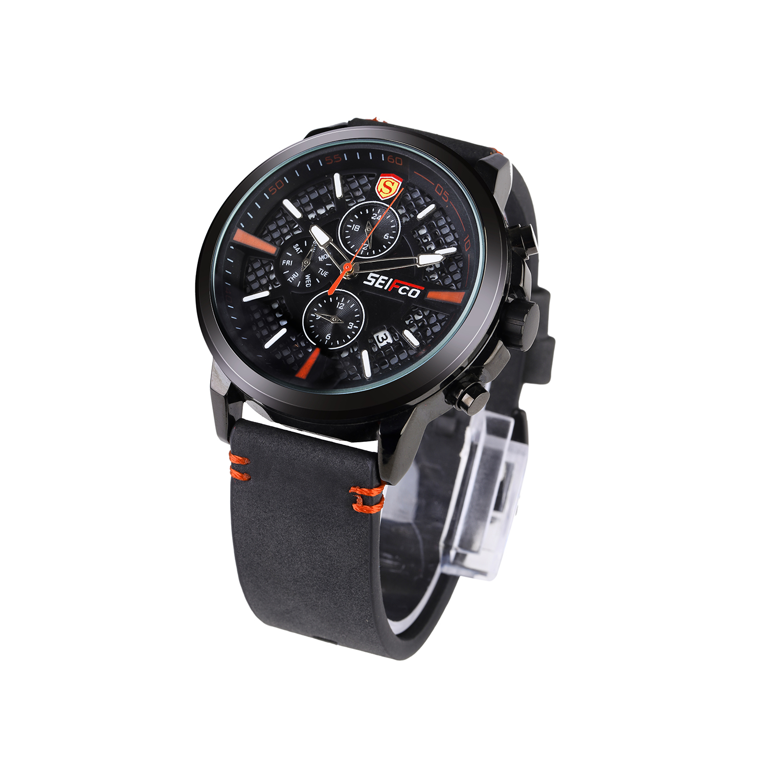 SEIFCO Sport Men’s Quartz Watch with Textured Black Dial and Black Leather Strap - الصورة 2