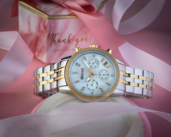 SEIFCO Classic Women’s Stainless Steel Quartz Watch with White Dial and Silver Gold Bracelet - الصورة 2