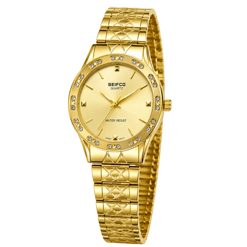 SEIFCO Classic Unisex Stainless Steel Watch with Gold Dial and Gold Bracelet