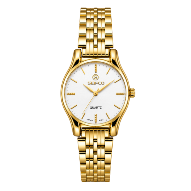 SEIFCO Classic Women’s Stainless Steel Quartz Watch with White Dial and Gold Bracelet