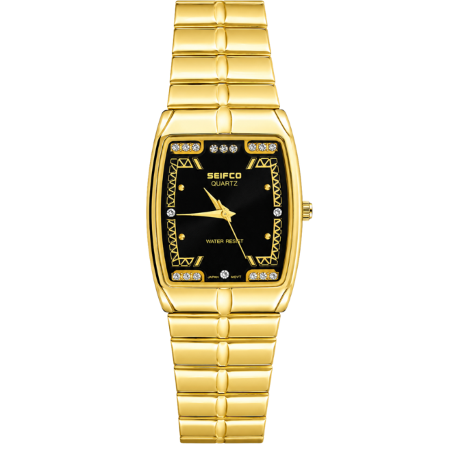SEIFCO Classic Unisex Stainless Steel Watch with Black Dial and Gold Bracelet