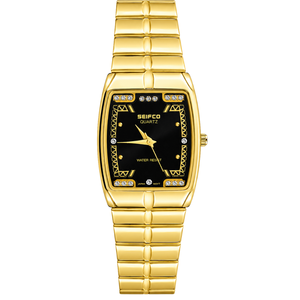 SEIFCO Classic Unisex Stainless Steel Watch with Black Dial and Gold Bracelet