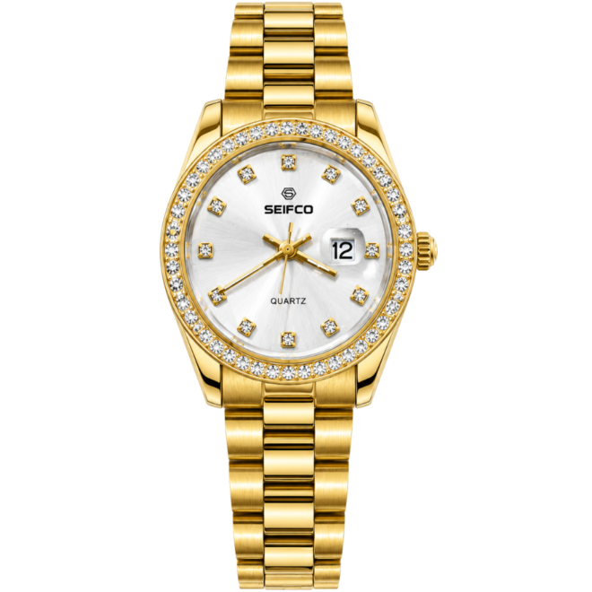 SEIFCO Classic Unisex Stainless Steel Watch with Silver Dial and Gold Bracelet