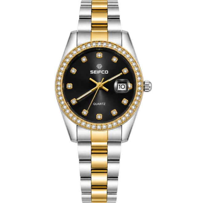 SEIFCO Classic Unisex Stainless Steel Watch with Black Dial and Silver Gold Bracelet