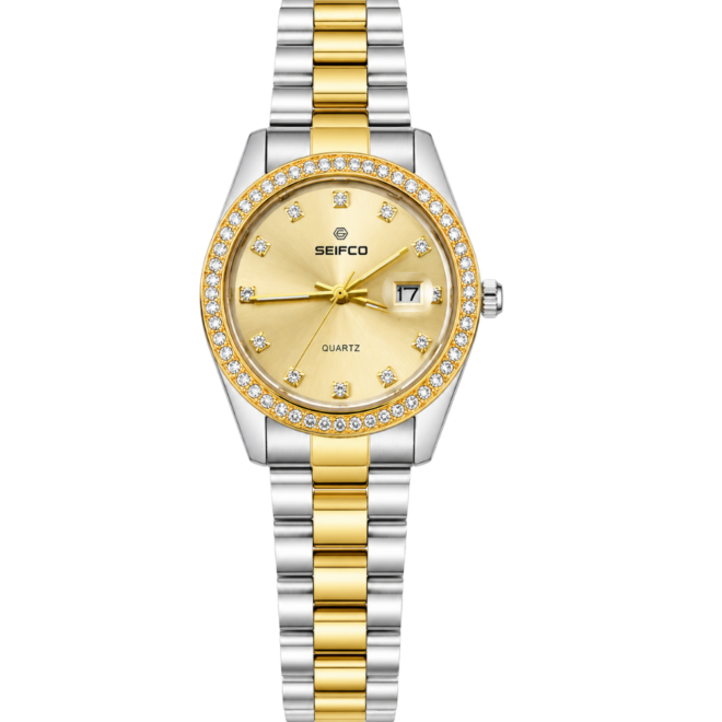 SEIFCO Classic Unisex Stainless Steel Watch with Gold Dial and Silver Gold Bracelet