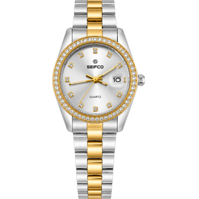 SEIFCO Classic Unisex Stainless Steel Watch with Silver Dial and Silver Gold Bracelet