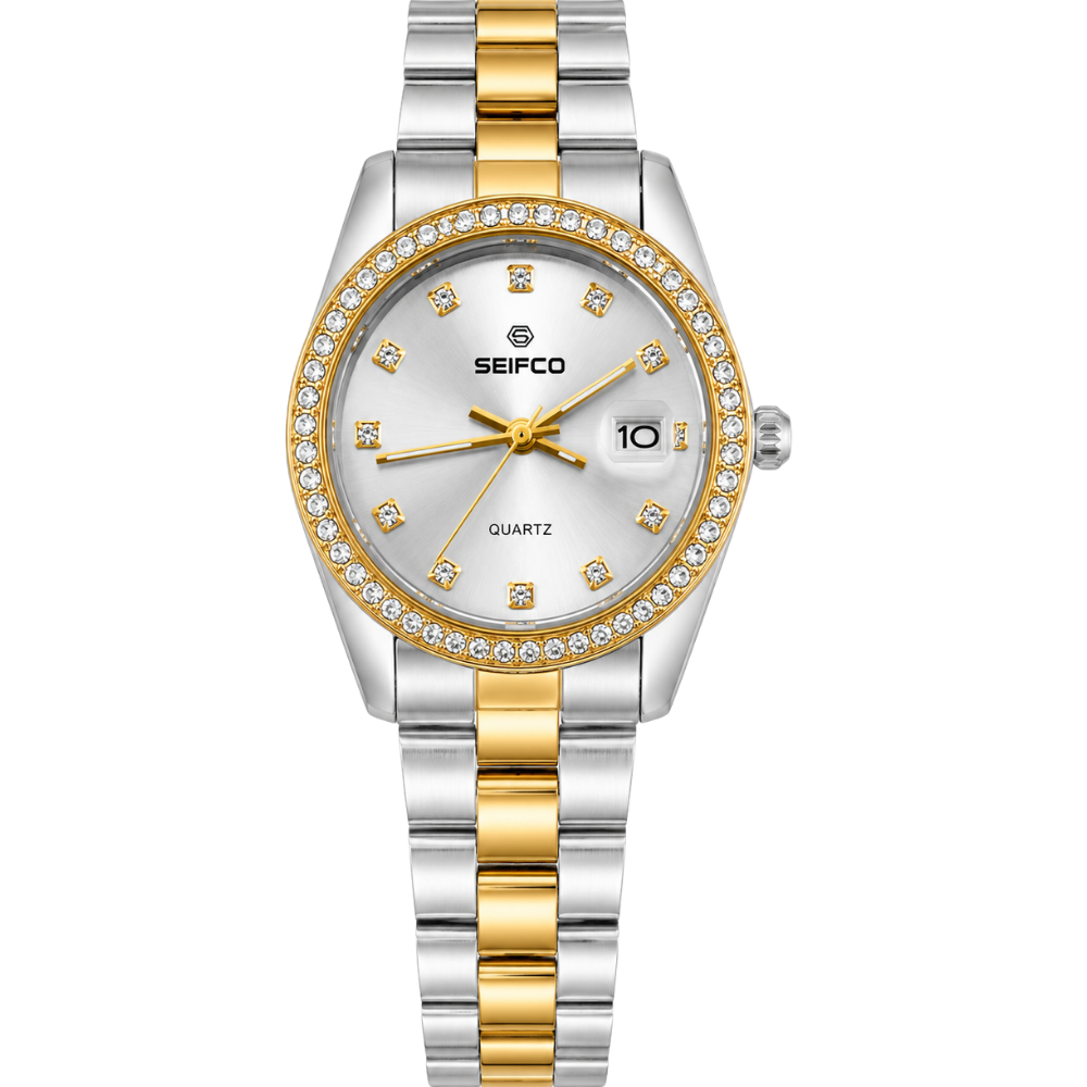 SEIFCO Classic Unisex Stainless Steel Watch with Silver Dial and Silver Gold Bracelet