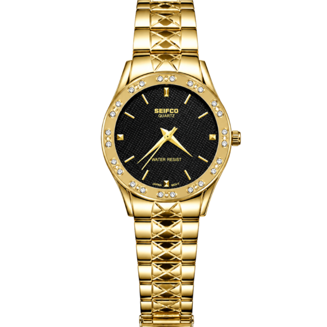 SEIFCO Classic Unisex Stainless Steel Watch with Black Dial and Gold Bracelet