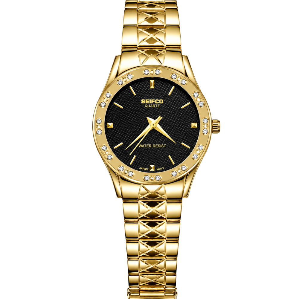 SEIFCO Classic Unisex Stainless Steel Watch with Black Dial and Gold Bracelet