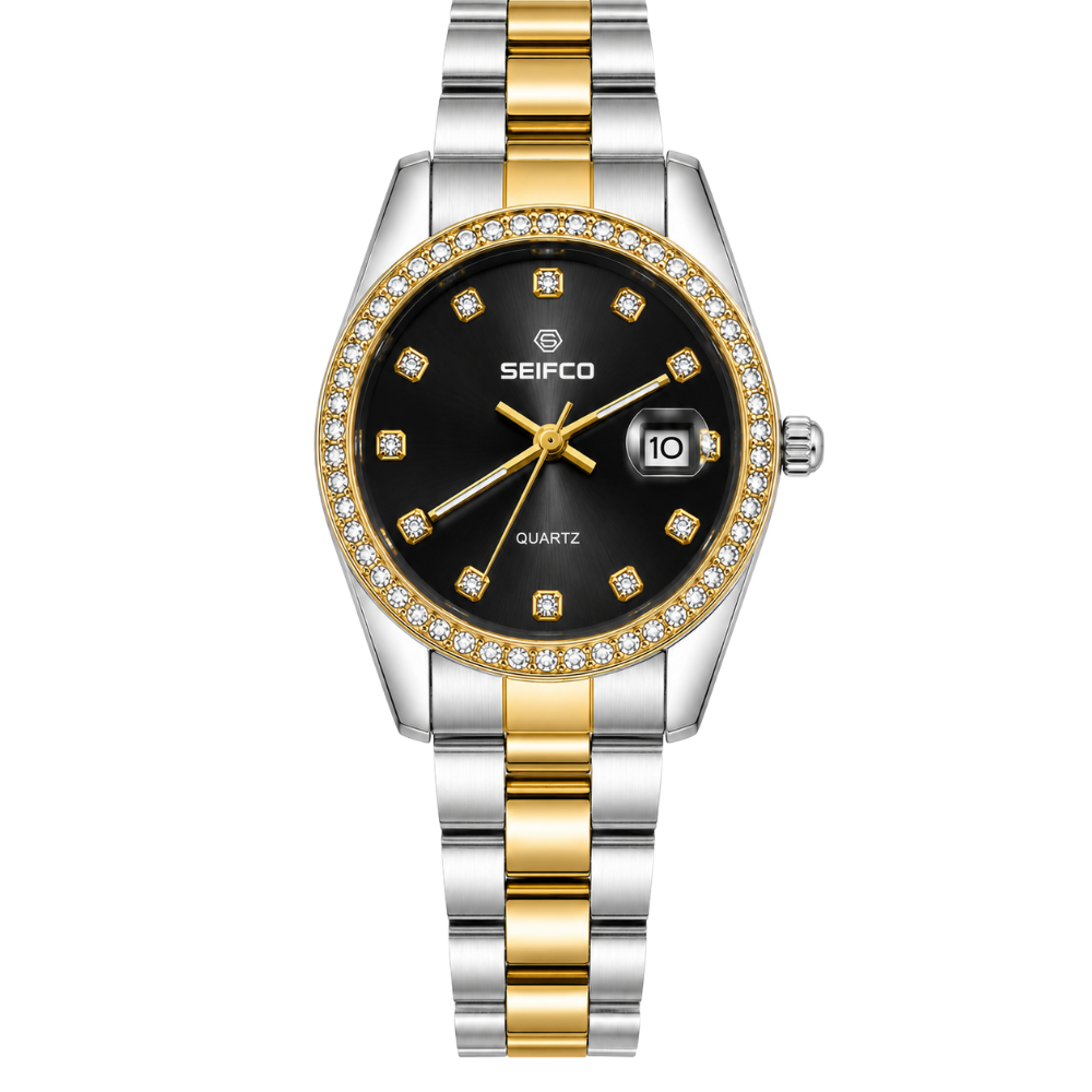 SEIFCO Classic Unisex Stainless Steel Watch with Black Dial and Silver Gold Bracelet