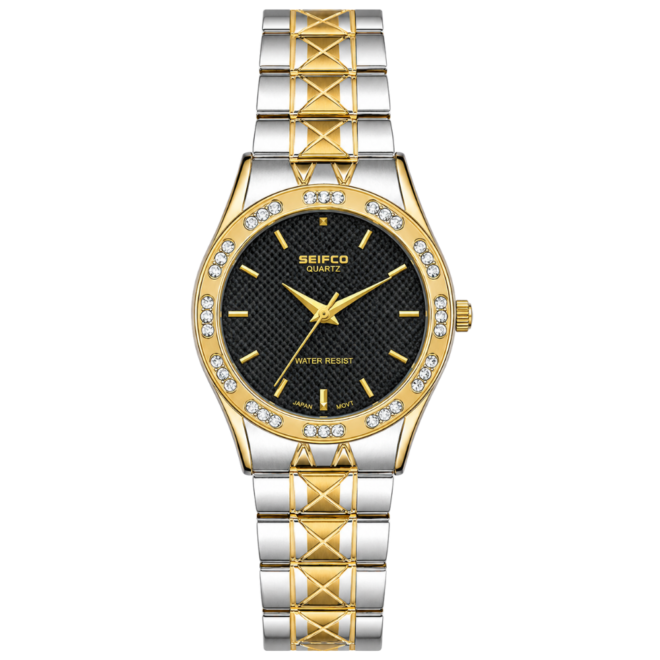 SEIFCO Classic Unisex Stainless Steel Watch with Black Dial and Silver Gold Bracelet