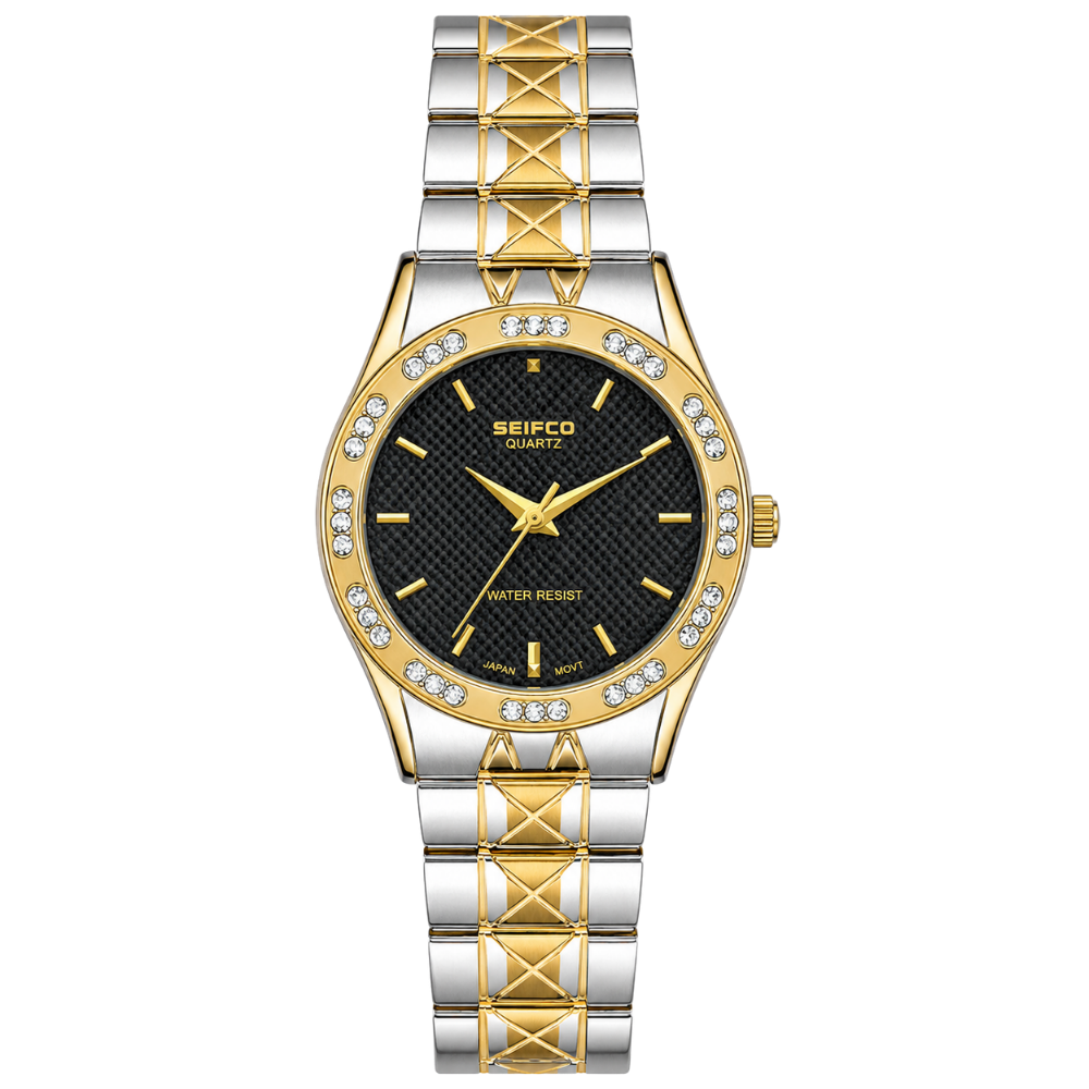 SEIFCO Classic Unisex Stainless Steel Watch with Black Dial and Silver Gold Bracelet