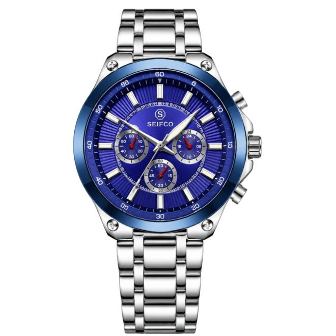 SEIFCO Classic Men's Stainless Steel Quartz Watch with Blue Dial and Silver Bracelet