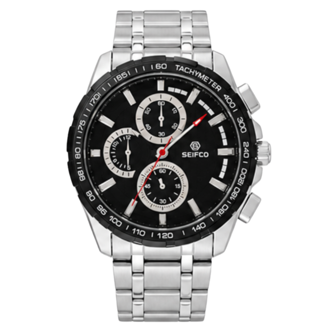SEIFCO Classic Men’s Stainless Steel Quartz Watch with Black Dial and Silver Bracelet