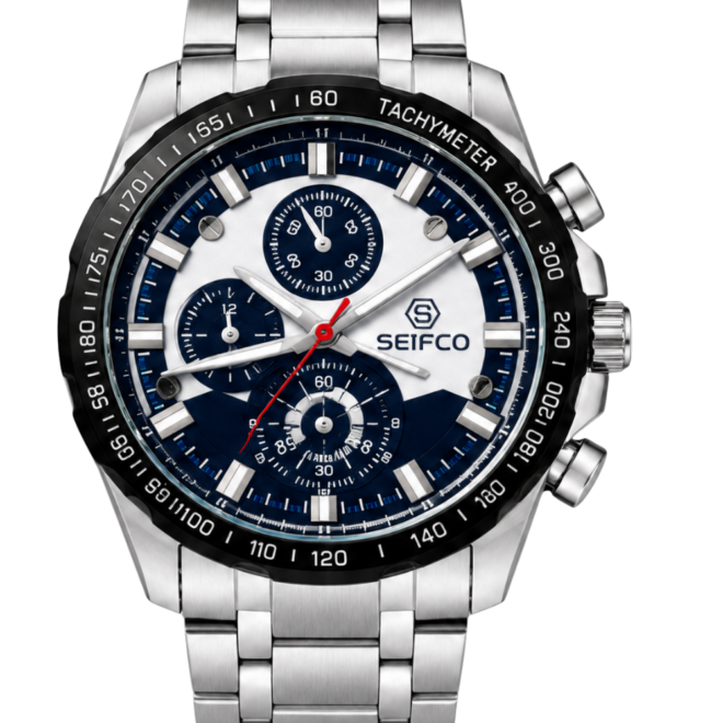 SEIFCO Classic Men’s Stainless Steel Quartz Watch with Navy Blue and White Dial and Silver Bracelet