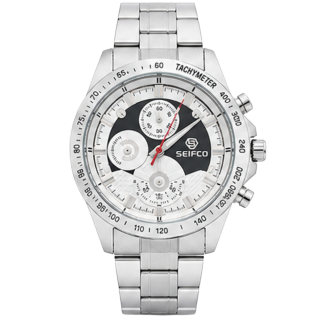 SEIFCO Classic Men’s Stainless Steel Quartz Watch with Black and White Dial and Silver Bracelet