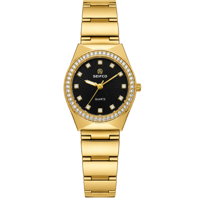 SEIFCO Classic Women’s Stainless Steel Quartz Watch with Black Dial and Gold Bracelet