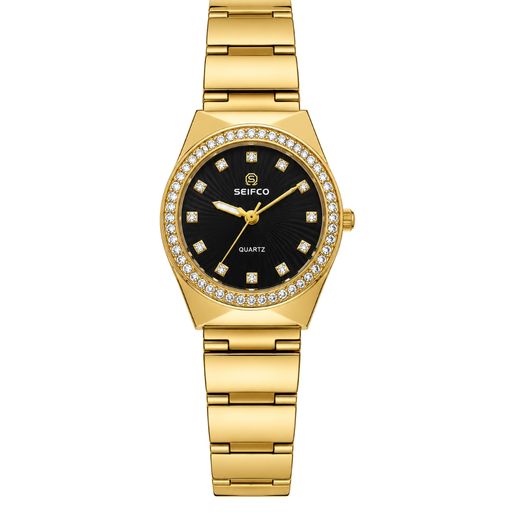 SEIFCO Classic Women’s Stainless Steel Quartz Watch with Black Dial and Gold Bracelet