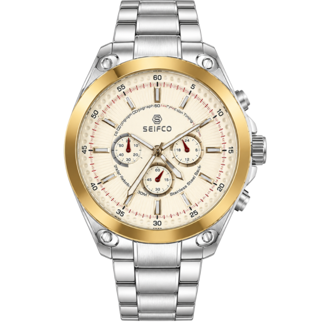 SEIFCO Classic Men’s Stainless Steel Quartz Watch with Cream Dial, Gold-Tone Bezel and Silver Bracelet