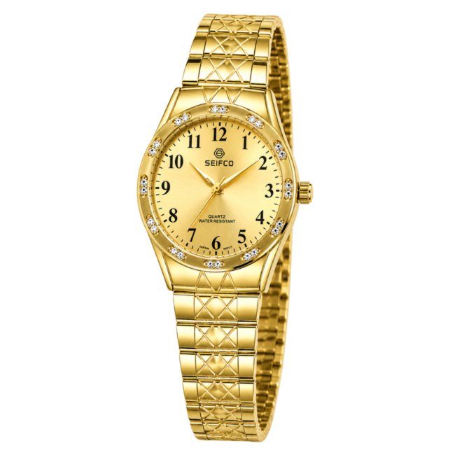 SEIFCO Classic Unisex Stainless Steel Watch with Gold Dial and Gold Bracelet