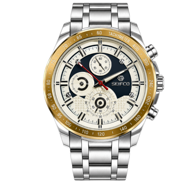 SEIFCO Classic Men’s Stainless Steel Quartz Watch with Navy Blue and Cream Dial, Gold-Tone Tachymeter Bezel and Silver Bracelet