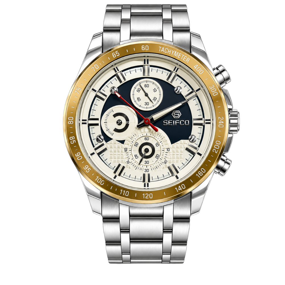 SEIFCO Classic Men’s Stainless Steel Quartz Watch with Navy Blue and Cream Dial, Gold-Tone Tachymeter Bezel and Silver Bracelet