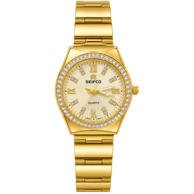 SEIFCO Classic Women’s Stainless Steel Quartz Watch with Gold Dial and Gold Bracelet