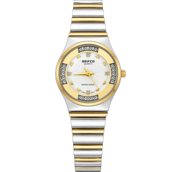 SEIFCO Classic Women’s Stainless Steel Quartz Watch with White Dial and Silver Gold Bracelet