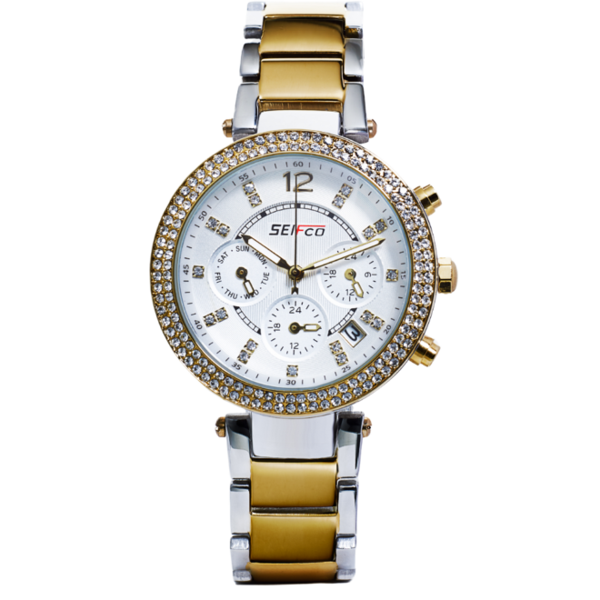 SEIFCO Classic Women’s Stainless Steel Quartz Watch with White Dial and Silver Gold Bracelet