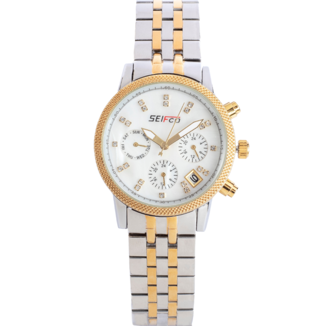 SEIFCO Classic Women’s Stainless Steel Quartz Watch with White Dial and Silver Gold Bracelet