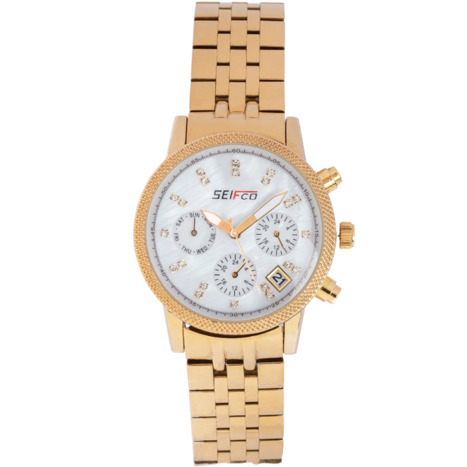 Women’s Stainless Steel Watch with White Mother of Pearl Dial and Gold Bracelet