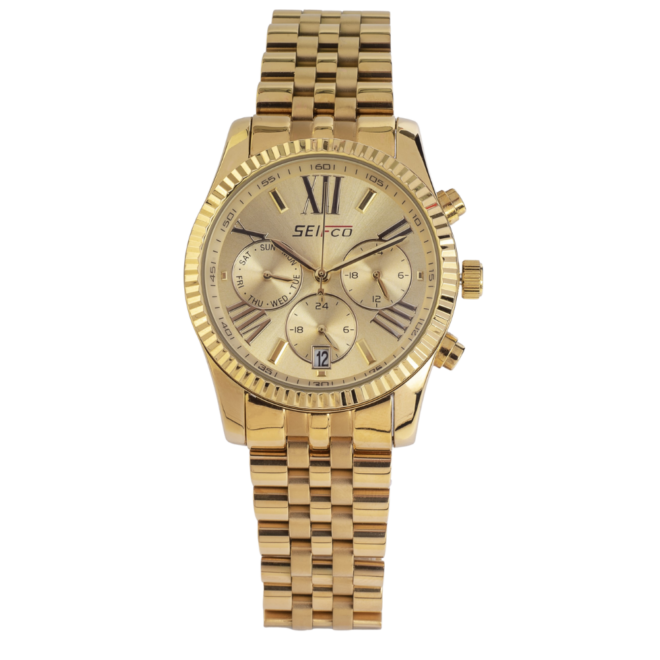SEIFCO Classic Women’s Stainless Steel Quartz Watch with Gold Dial and Gold Bracelet