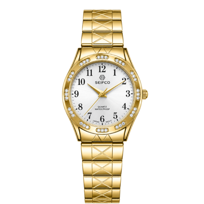 SEIFCO Classic Unisex Stainless Steel Watch with White Dial and Gold Bracelet