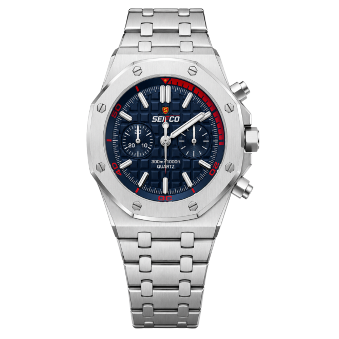 SEIFCO Sport Men’s Stainless Steel Quartz Watch with Textured Blue Dial and Silver Bracelet