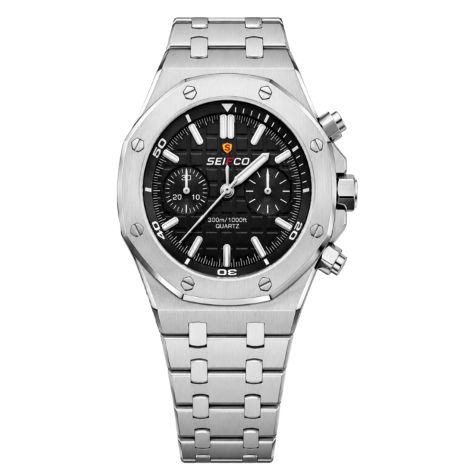 SEIFCO Sport Men’s Stainless Steel Quartz Watch with Textured Black Dial and Silver Bracelet