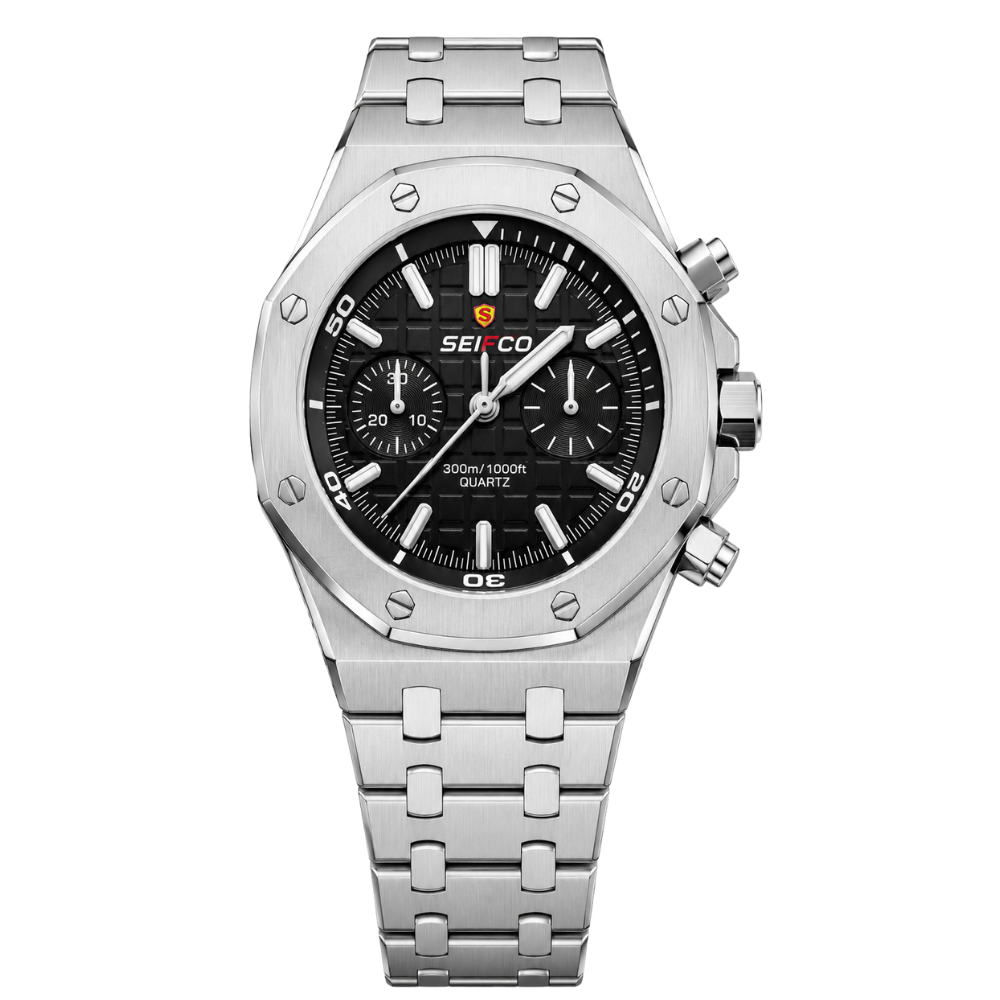 SEIFCO Sport Men’s Stainless Steel Quartz Watch with Textured Black Dial and Silver Bracelet