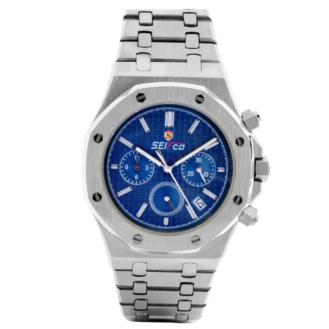 Men’s Stainless Steel Watch with Textured Blue Dial and Silver Bracelet