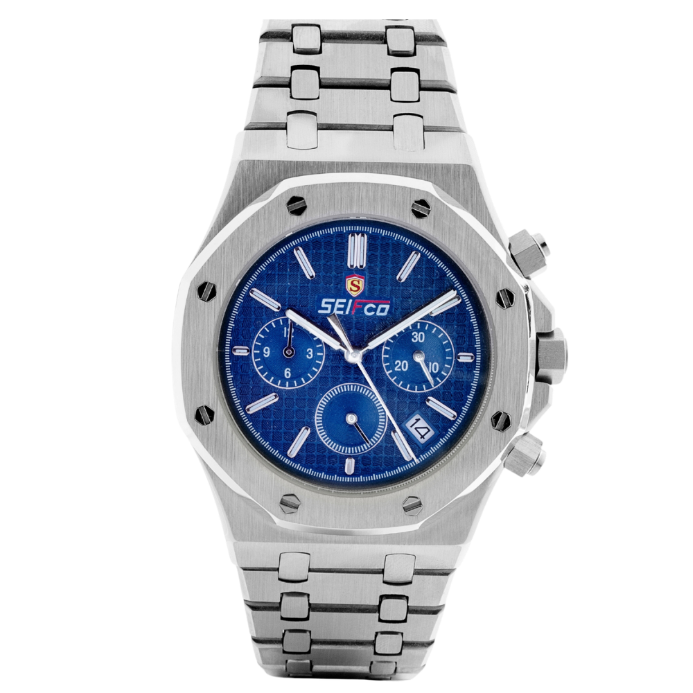 Men’s Stainless Steel Watch with Textured Blue Dial and Silver Bracelet