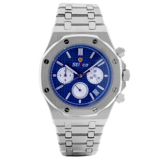 SEIFCO Sport Men’s Stainless Steel Quartz Watch with Textured Blue Dial and Silver Bracelet