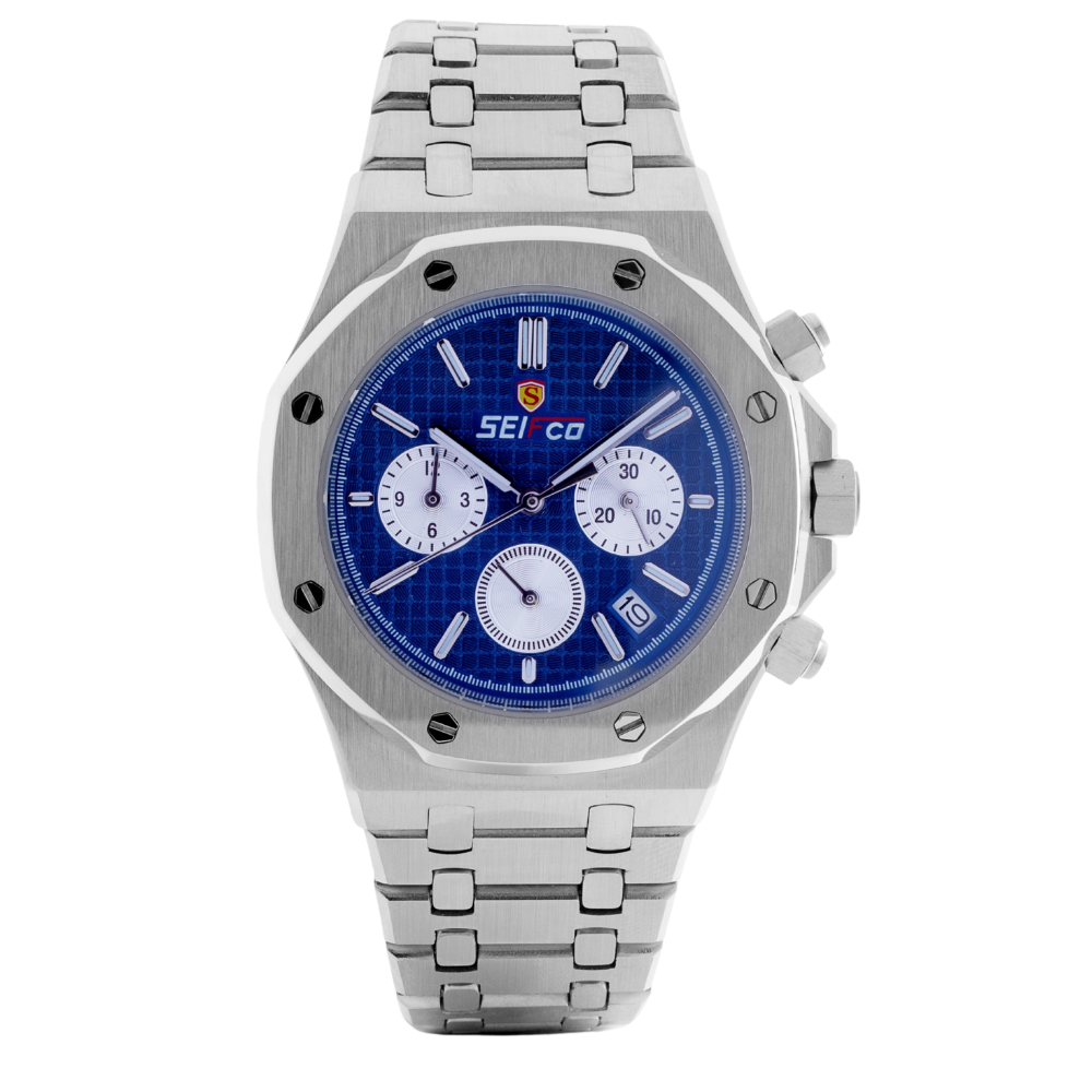 SEIFCO Sport Men’s Stainless Steel Quartz Watch with Textured Blue Dial and Silver Bracelet