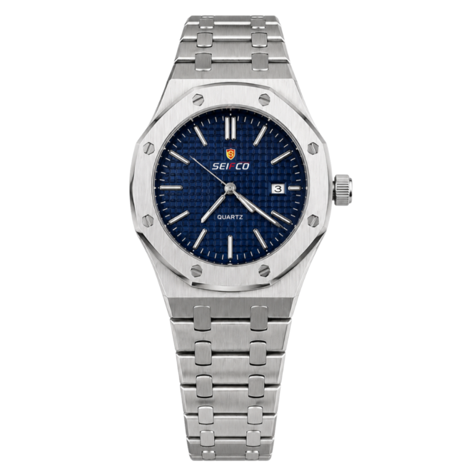 SEIFCO Sport Men’s Stainless Steel Quartz Watch with Textured Blue Dial and Silver Bracelet