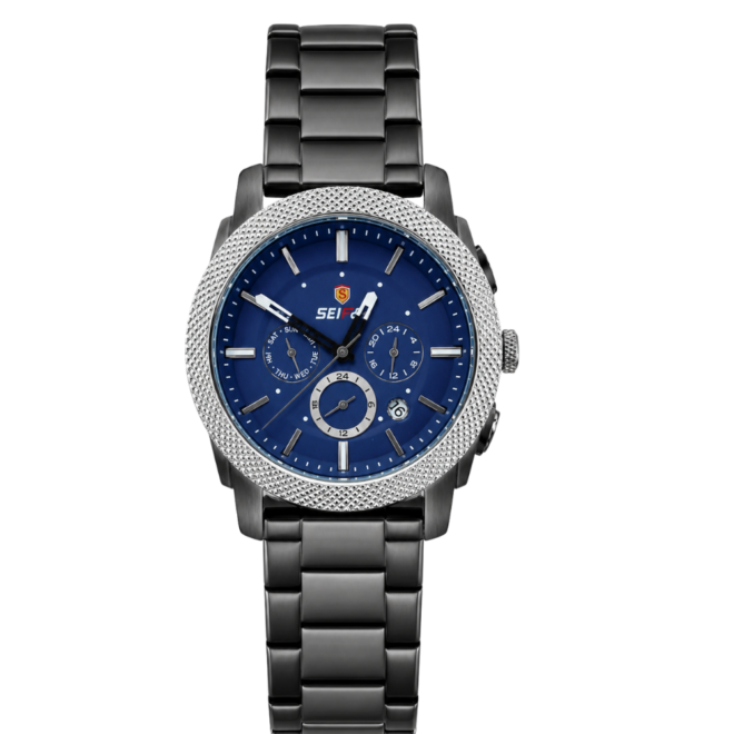 SEIFCO Sport Men’s Stainless Steel Quartz Watch with Blue Dial and Black Bracelet