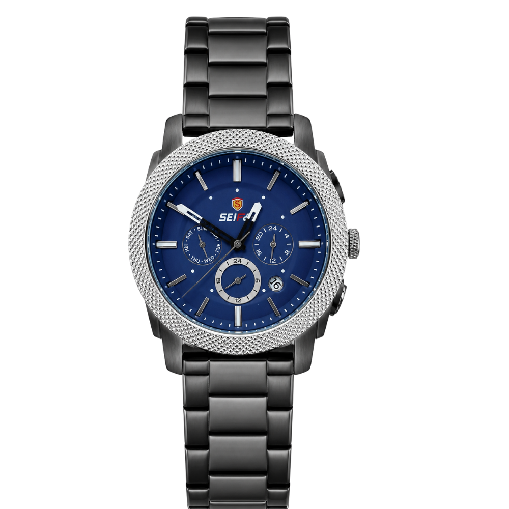SEIFCO Sport Men’s Stainless Steel Quartz Watch with Blue Dial and Black Bracelet