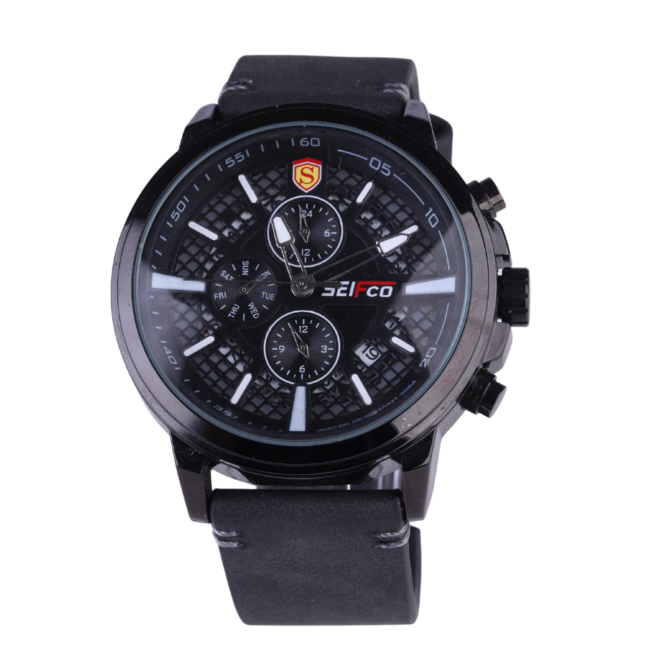 SEIFCO Sport Men’s Quartz Watch with Textured Black Dial and Black Leather Strap